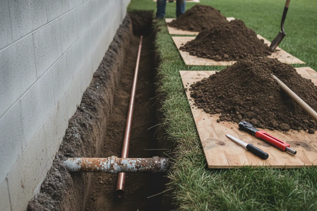 Excavated water line trench during Water Heater Repair in Lockbourne